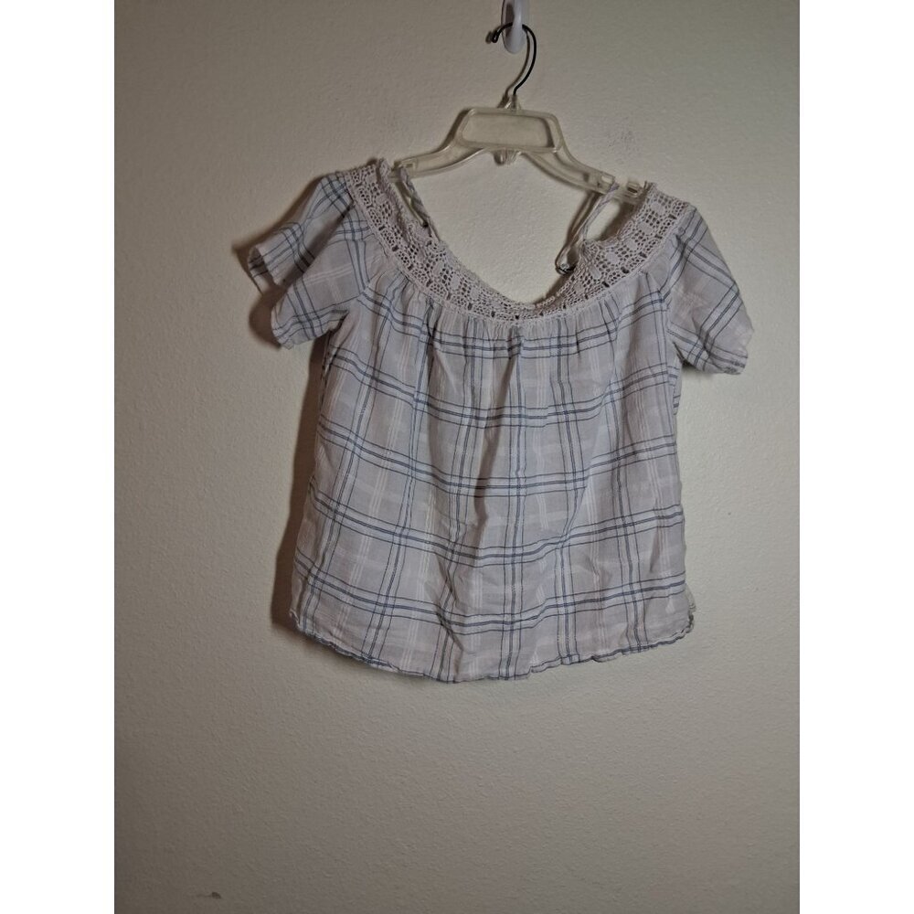 Sonoma Off Shoulder Boho Top Plaid Lace Retro Y2K Summer Casual White Size Small